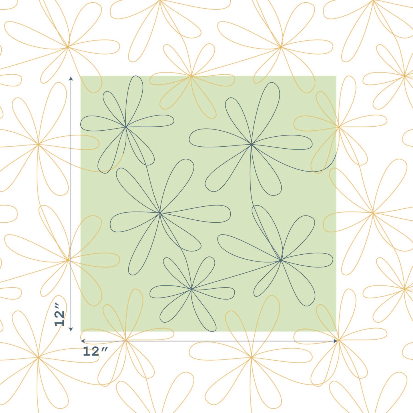 Digital longarm quilting pantograph. 6 Petal Flower size guide