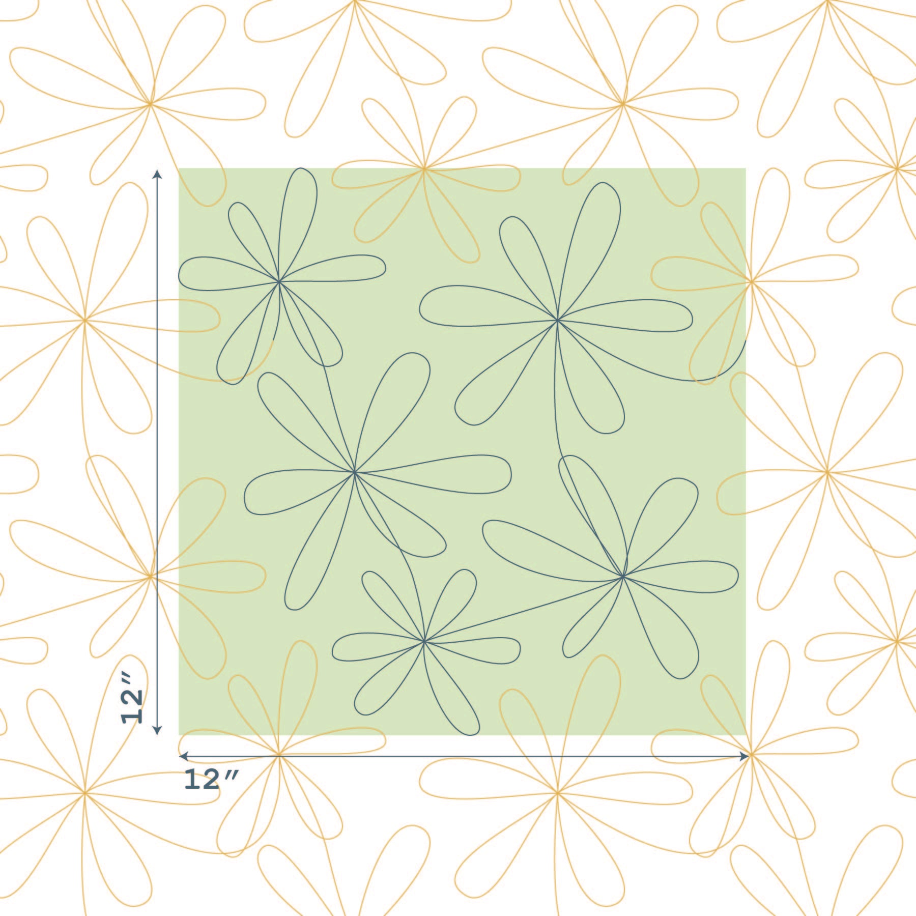 Digital longarm quilting pantograph. 6 Petal Flower size guide